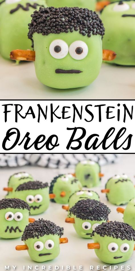 Celebrate the spooky season with these Frankenstein Oreo balls, a delightful fall and Halloween sweet treat. These chocolatey, sweet, and whimsical snacks are the perfect dessert for your autumn gatherings. Turn ordinary Oreos into a creative and delicious fall dessert that everyone will love at your Halloween festivities. Try these now! Halloween Party Dessert Table, Halloween Sweet Treats, Halloween Candy Apples, Halloween Deserts, Oreo Balls, Halloween Food Treats, Homemade Frosting, Oreo Truffles, Halloween Baking