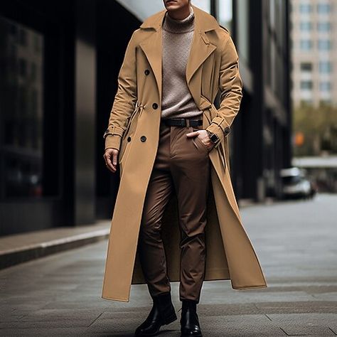 Long Mens Coat, Autumn Wear For Men, Men Long Coat Outfit, Men’s Winter Coat Styles, Man In Trench Coat, Guys Trench Coat Outfits, Men’s Trench Coat, Long Pea Coat, Men’s Black Trench Coat Outfit