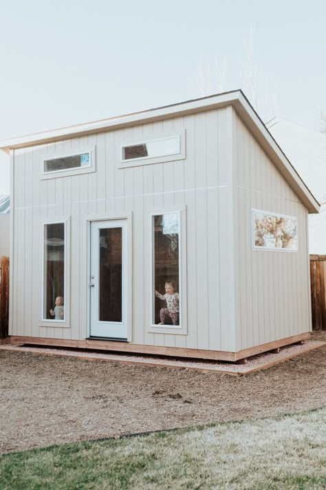 The Shed Office Part One - Oak + Oats Work From Home Outdoor Office, Backyard Home Office Studio Shed, Garden Shed Studio, Diy Studio Shed, Backyard Shed Office Ideas, Pool House Shed Interior, Backyard Office Plans, She’d Office, Home Office Sheds Backyard Studio