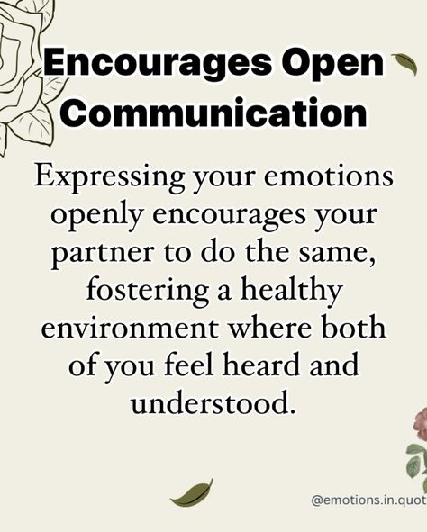 Opening up to your partner can be the key to a deeper, more fulfilling relationship. When you share your emotions, you invite trust, understanding, and a bond that grows stronger with every conversation. ❤️ Follow @emotions.in.quotes Follow @emotions.in.quotes Follow @emotions.in.quotes Understanding Emotions, Grow Strong, Healthy Environment, The Fosters, Encouragement, How Are You Feeling, Key, Feelings, Quotes