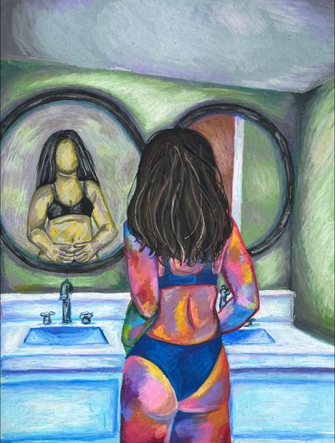 Oil pastel on mat board Maddox Howell Body Dismporhia Mirror, Body Distortion Art, Body Dismporhia, Pastel Mirror, Distorted Reflection, Distortion Art, Mirror Drawings, Oil Pastel Art, Beauty Standards