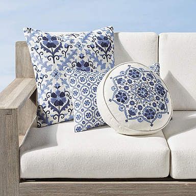 Anika Blue Embroidered Indoor/Outdoor Pillow Covers Patio Pillows Outdoor, Patio Furniture Pillows, Pillows Blue, Patio Pillows, Embroidered Pillow Covers, Outdoor Pillow Covers, Indoor Outdoor Pillows, Round Pillow, Blue Tiles