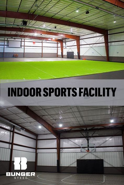 Gym Metal Building Basketball Court, Sports Training Facility Design, Indoor Sports Complex Plan, Indoor Training Facility, Sports Complex Design Concept, Indoor Sports Complex Design, Training Facility Design, Basketball Garage, Indoor Baseball Facility