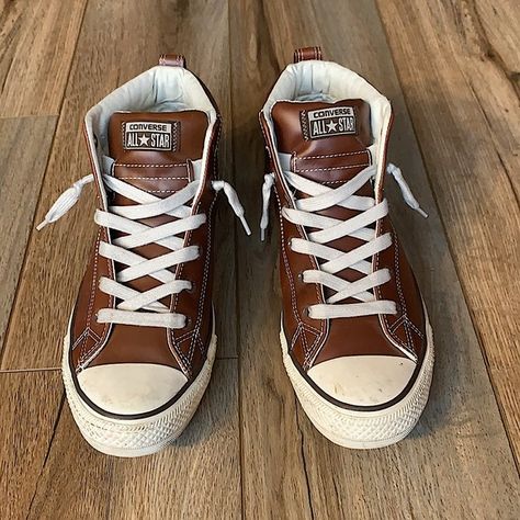 Converse Mid Top Brown Leather Chuck Taylor (size 10.5) Brown Leather Converse, Converse Mid Tops, Leather Chuck Taylors, Converse Brown, Leather Converse, Converse Star, Mid Top, Clothing Styles, Chuck Taylor