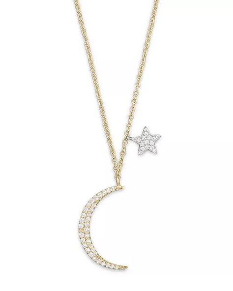 Meira T - Diamond Moon Necklace in 14K Yelliow Gold, .22 ct. t.w., 16" Diamond Moon Necklace, Diamond Chain Necklace, Starburst Necklace, Star Charm Necklace, 14k Yellow Gold Necklace, Star And Moon, Star Of David Pendant, Hamsa Necklace, Star Pendant Necklace