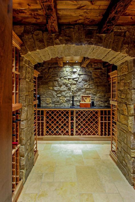 Travertine Tile Floor With Rustic Stone Wine Cellar Stone Wine Cellar, Wooden Wine Cabinet, Small Wooden Shelf, Wine Cellar Basement, Storage Rooms, Frameless Glass Doors, Hidden Lighting, Home Wine Cellars, Wine Cellar Design