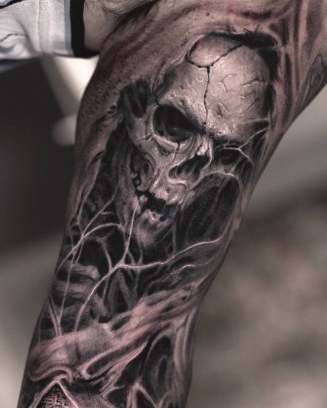 Tattoo artist Darwin Enriquez, black&grey and color realistic tattoo | USA Last Rites Tattoo, Evil Skull Tattoo, Skull Hand Tattoo, Grim Reaper Tattoo, Reaper Tattoo, Skull Sleeve Tattoos, Skull Sleeve, Realistic Tattoo Sleeve, Evil Tattoos