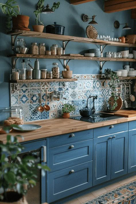 Vibrant Indigo Boho Kitchen Cottage Core Interior Design, Kitchen Navy Blue, Farmhouse Kitchen Aesthetic, Farmhouse Kitchens Ideas, Spain Kitchen, Bohemian Kitchens, Cottage Core Interior, Cottage Core Living Room, Dream Farmhouse Kitchen