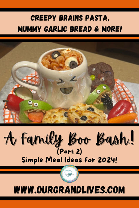 Today, we've got  PART 2 of our Family Boo Bash!  We've added Halloween touches to familiar and Little approved dishes including our Creepy Brain Pasta, Mummy Garlic Bread.  Ghoulish Veggie Tray, Apple Monsters and more!  You'll be all set for your own Family Boo Bash! Apple Monsters, Halloween Meal, Simple Meal Ideas, Boo Bash, Halloween Family, Veggie Tray, Family Meal, Game Ideas, New Game