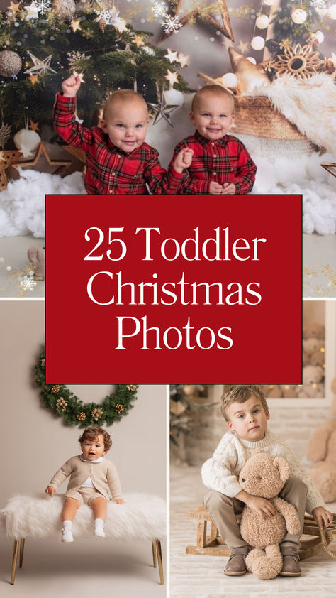 Collage of charming toddler Christmas photos showcasing little ones in plaid outfits, festive props, cozy winter backdrops, and twinkling holiday lights. Christmas Pictures With Siblings, Christmas Photos Brothers, Toddlers Christmas Pictures, Diy Christmas Pictures Toddler, Childrens Christmas Photo Shoot Ideas, Diy Christmas Pics Of Kids, Second Christmas Toddler, At Home Toddler Christmas Photoshoot, At Home Toddler Christmas Pictures