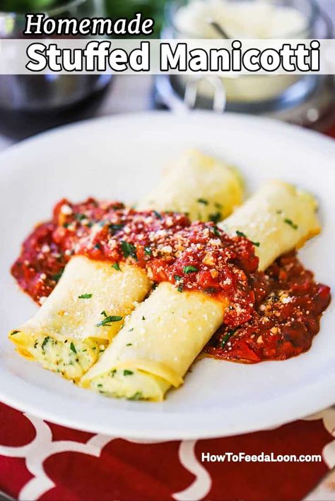 Homemade Stuffed Manicotti is made even better by using freshly made savory crêpes. The creamy cheesy and herb filling melts in your mouth. And the homemade marinara puts it over the top! Get the complete recipe with ALL-NEW VIDEO on the blog! Manicotti Pasta, Stuffed Manicotti, Homemade Crepes, Baked Pasta Dishes, Vegetarian Pasta Dishes, Manicotti Recipe, Italian Dinner Party, Savory Crepes, Homemade Marinara