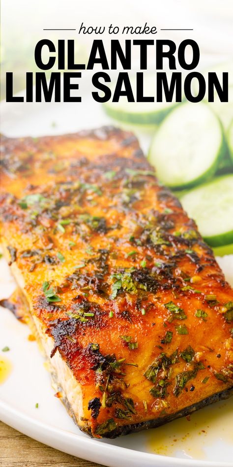 This oven baked cilantro lime salmon is simple, satisfying, light and one of my go-to recipes when I want a quick and healthy meal. Avocado Lime Salmon, Lime Fish Recipe, Salmon Recipes Cilantro Lime, Cilantro Lime Rice Salmon Bowl, Salmon Recipes Lime, Salmon Cilantro, Cilantro Salmon, Lime Salmon Recipes, Cilantro Lime Salmon