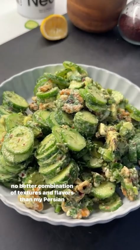 Video credit:@ketorecipes TikTok. Free keto cookbook in my link in bio Kale Salad Video, Green Meals Clean Eating, Cucumber Broccoli Salad, Model Food Recipes, Cucumber Tiktok Salad, Salad Inspo Aesthetic, Simple Salad Recipe, How To Eat More Greens, Cucumber Dinner Recipes