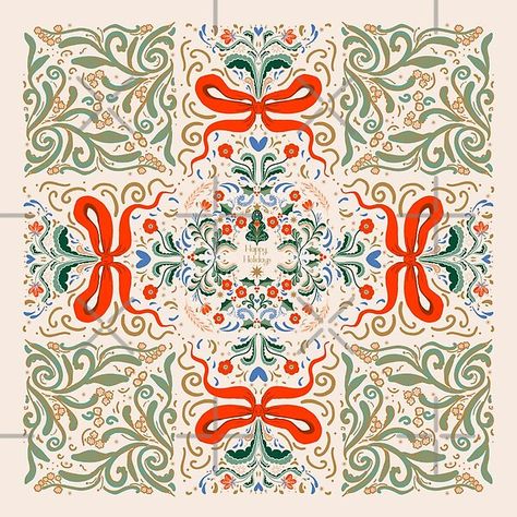 Folk Art-Inspired Holiday Floral & Bow Christmas Pattern by AKart19 | Redbubble Folksy Christmas, Traditional Folk Art, Polish Christmas, Gift Wraps, Cute Christmas Wallpaper, Holiday Bows, Holiday Floral, Bow Christmas, Holiday Patterns