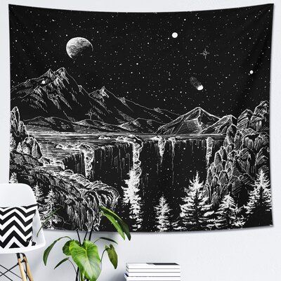 Starry Night Tapestry, Tapestry Black And White, Black And White Tapestry, Tapestry For Bedroom, White Tapestry, Blanket On Wall, Mountain Tapestry, Fantasy Tree, Star Tapestry