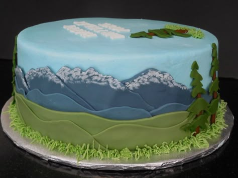 A Cake for an avid outdoorsman.  Some snowcapped mountains. Mountain Cakes, Snowcapped Mountains, Nature Cake, Mountain Cake, Camping Cakes, Bike Cakes, Creative Cake Decorating, Birthday Cakes For Men, Mountain Scenery