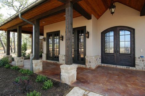 Photo Gallery: Exterior Images | Drew Walling Custom Homes - Bartonsville, TX: Rock Porch Columns, Stone Ideas For Front Of House, Stone Porch Floor, Metal Porch Columns, Exterior Stucco, Front Porch Stone, Hill Country Homes, Building A Porch, Stucco Homes