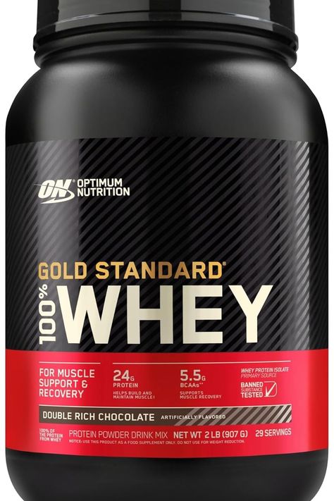 Gold Standard 100% Whey - 24g of protein per serving to help build and maintain muscle when taken over time with regular resistance training 5.5g of aturally occurring branched chain amino acids (BCAA and 11g of naturally occurring essential amino acids (EAAs) per serving to support muscle recovery Anytime formula – great before or after exercise, between meals, with a meal, or any time of day when you need extra protein Optimum Nutrition is the World's #1 Sports Nutrition Brand* Gold Standard Whey Protein, Gold Standard Whey, Gluten Free Protein, 100 Whey Protein, Nutrition Branding, Muscle Protein, Whey Protein Powder, Chocolate Protein Powder, Build Lean Muscle