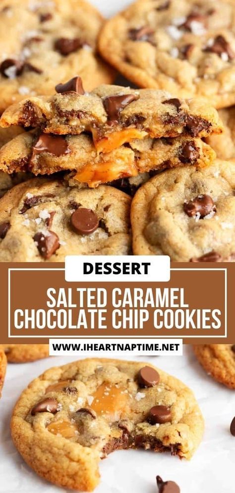 Soft, chewy, and filled with melted caramel, salted caramel chocolate chip cookies are  finished with a sprinkle of sea salt for a sweet and salty combination in every bite! Carmel Chocolate Chip Cookies, Caramel Chip Cookies, Salted Caramel Chocolate Chip Cookies, Melted Caramel, Chocolate Caramel Cookies, Salted Chocolate Chip Cookies, Chocolate Chip Pudding Cookies, Chocolate Chip Pecan Cookies, Salted Caramel Cookies