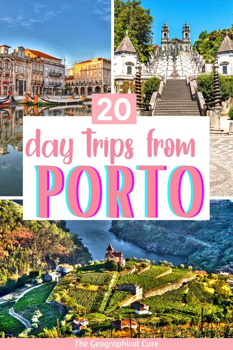 Looking for some day trips from Porto Portugal? This is the ultimate guide to 22 of the best day trips from Porto. You can visit charming medieval villages, hit the beach, enjoy mountains scenery, or go hiking. I tell you you how to get to these Porto day trip destinations by car, train, bus, and guided tours. Read on for some of the best places to visit near Porto -- the Douro Valley, Braga, Guimaraes, Coimbra, etc. You'll discover some of the top towns, landmarks, and monuments in Portugal. Day Trips From Porto, Porto Travel, Portugal Vacation, Portugal Travel Guide, Braga Portugal, Douro Valley, Visit Portugal, Voyage Europe, Algarve Portugal