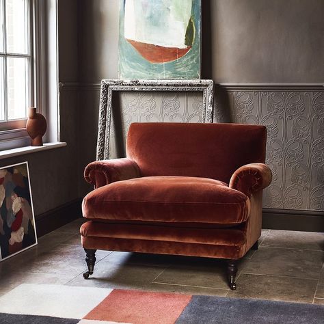 Rust Color Chair, Rust Colour Sofa Living Rooms, Arlo And Jacob Sofa, Arlo And Jacob, Velvet Armchair Living Room, Red Velvet Armchair, Rust Accent Chair, Rust Armchair, Rust Velvet Chair