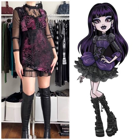 Monster High Ellisabat Inspired Outfit The Vintage Whimsygoth Purple & Black Floral Print Asymmetrical Mini Dress is available on my Depop #monsterhigh #monsterhighdolls #cosplay #outfit #outfitinspo Monster High Ellisabat, Black Floral Print, Ruffled Collar, Monster High Dolls, Purple Black, Monster High, Purple And Black, Black Floral, Outfit Inspirations