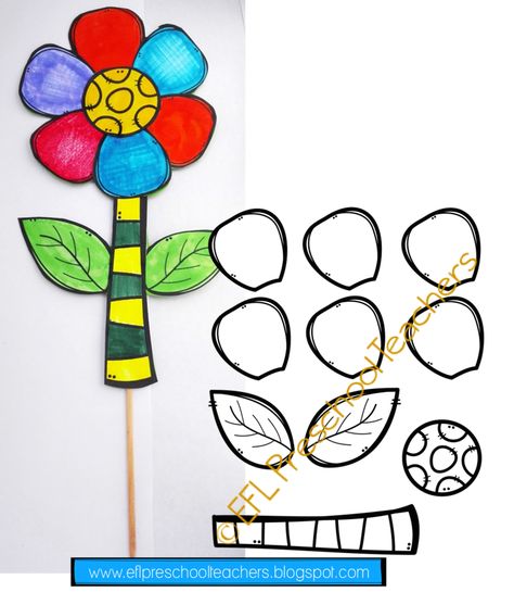 Worksheet 2. Students color and build a flower. I glued a bamboo cooking skewer on the back so it could stand up and tall. I used an empty egg carton to place the flower. It would be a nice table decoration. ESL Garden unit worksheet. Build A Flower Preschool, Kindergarten Flowers, Outside Drawing, Build A Flower, Ell Resources, Garden Unit, Free Kids Coloring Pages, Ela Activities, Teaching Career