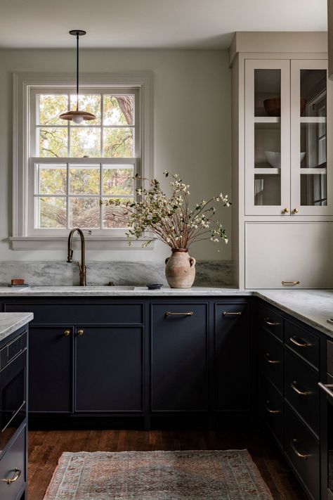 Cool Grey Cabinets Kitchen, Kitchen White Countertops Dark Cabinets, Kitchen Interior Dark Cabinets, Black Doors In Kitchen, Light Cabinets Dark Walls, Dark Blue And Cream Kitchen, Navy Blue And Cream Kitchen Cabinets, Light And Dark Kitchen Cabinets, Not White Kitchen Cabinets