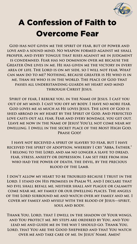 Fear is a battle in your mind, but you don’t combat thoughts with thoughts, you combat thoughts with words. Take a stand against fear, and begin today by speaking this confession of faith to overcome fear. #KCMEurope40years #TestimonyTuesday Fear Of Confrontation, How To Fear God, Scriptural Prayers, Overcome Fear Quotes, Fear Of God Athletics, Prayer Against Fear, Christian Glowup, Prayers Against Fear, Prayer Against Bad Thoughts