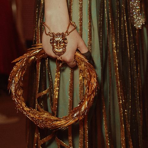 Inspired by the Renaissance and the goddesses of old Hollywood, jewelry on the #GucciCruise18 runway included pearl studded pieces, gilded laurel crowns and star-spun palm cuffs accented with blackened out fingers. #AlessandroMichele Fire And Blood, Story Inspiration, Greek Goddess, Greek Mythology, Our Lady, Macrame Plant Hanger, Character Inspiration, Chain Necklace, Gucci