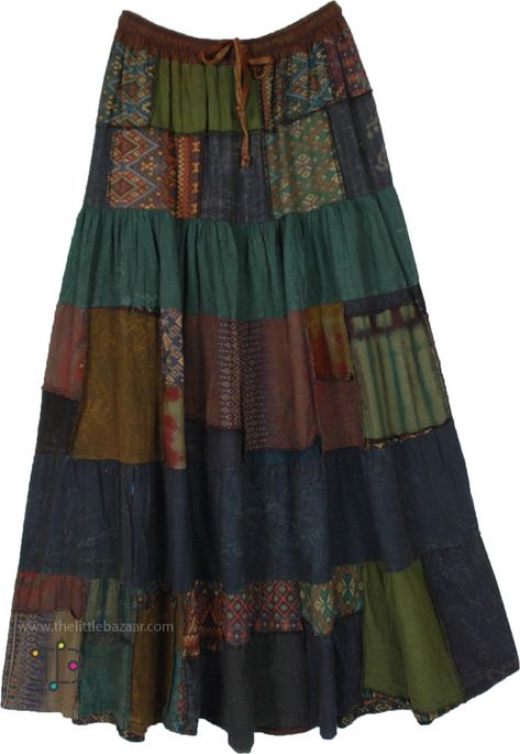 Vintage Bohemian and chic, this patchwork skirt in darker color tones truly stands out. It has assorted patchwork pieced together, mostly consisting of dyed solids and ethnic graphics prints. #tlb #Patchwork #Printed #bohemianfashion #Indian #BohemianPatchworkSkirt Hippie Maxi Skirt, Patch Work Skirt, Thrifting Manifestation, Whimsical Gothic, Patchwork Maxi Skirt, Skirt Patchwork, Plus Size Bohemian, Plus Size Chic, Unique Skirts