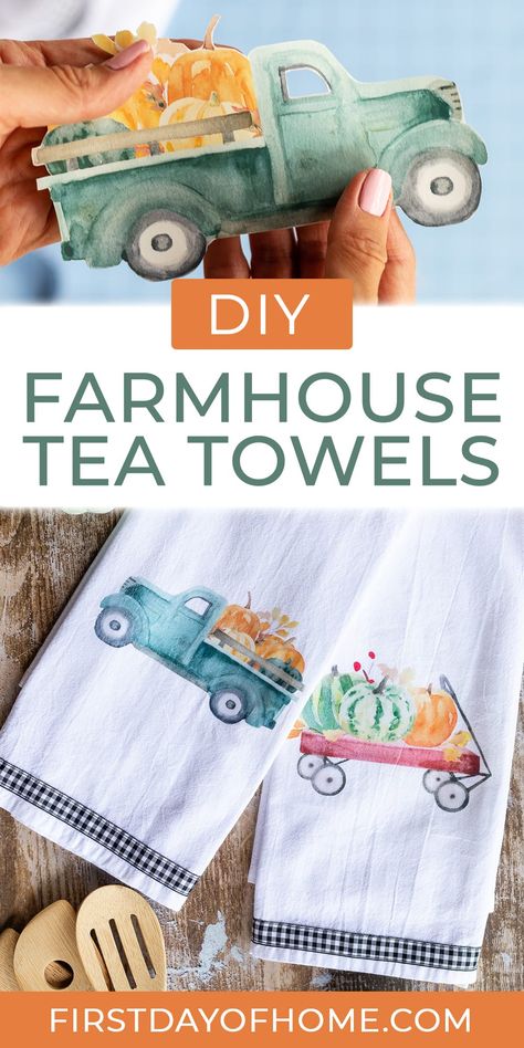 Learn how to make DIY tea towels with image transfers for instant fall decor. This simple tutorial shows you how to create a custom kitchen towel with any image you choose. It's the perfect home decor accent for fall or Christmas. #firstdayofhome #diy #falldecor #fallcrafts Fall Towels Diy, Tee Towels Gift Ideas, Holiday Towels Diy, How To Make Kitchen Towels Diy, Printing On Tea Towels Diy, Holiday Tea Towels Cricut, How To Make Tea Towels Diy, Tea Towels Crafts Projects, Painting Tea Towels