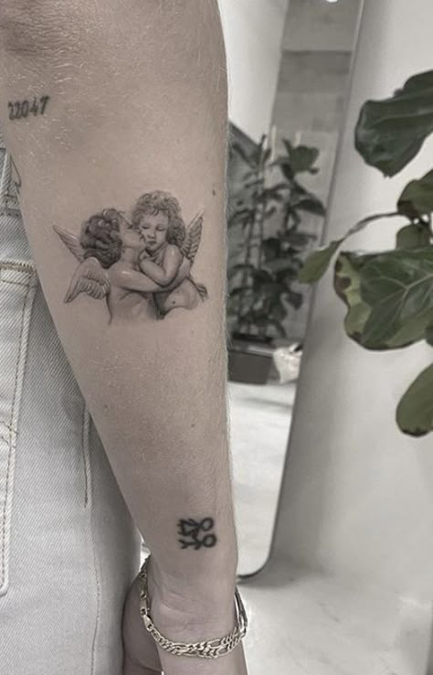 Cherub Line Tattoo, Fine Line Cherub Tattoo, Two Cherubs Tattoo, Cherub Tattoos, Cherubs Tattoo, Cherub Angel Tattoo, Cherub Tattoo Designs, Painting Tattoos, Microrealism Tattoo