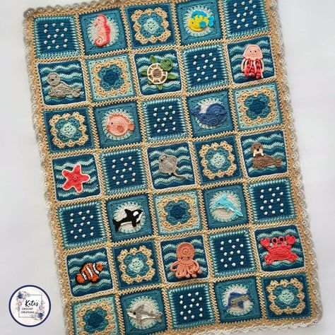 Ocean Inspired Crochet Blanket, Crochet Blanket With Squares, Crochet Sea Blanket, Textured Granny Square Crochet, Ocean Crochet Blanket, Homestead Crochet, Crochet Landscape, Quick Crochet Ideas, Crochet Animal Blanket