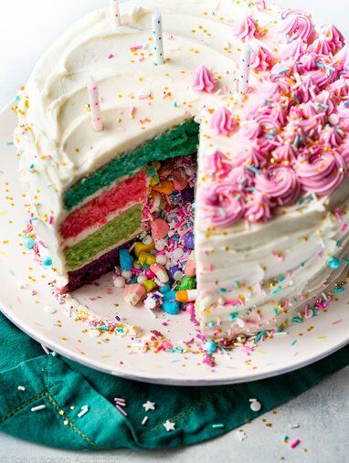 Rainbow Pinata Cake Recipe - Allrecipes.com | Allrecipes Pinata Cake Recipe, Cupcakes Funfetti, Rainbow Pinata, Layer Cake Filling, How To Make Frosting, Pinata Cake, Beautiful Birthday Cakes, Birthday Cake Recipe, Rainbow Cake