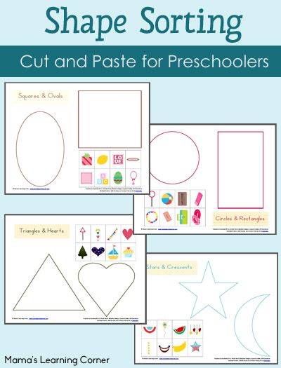 4-page set of Preschool Shape Sorting Worksheets - a neat cut and paste activity! Sorting By Shape Kindergarten, Sort By Shape Worksheet, Shape Review Preschool Free Printables, Shape Sorting Mats Free, Shapes Worksheet Kindergarten, Shape Sort, Teaching Shapes, Prek Math, Shapes Worksheets