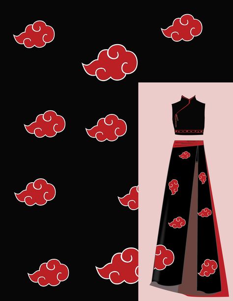 this is a dress inspired by Akatsuki in naruto Akatsuki Wedding, Akatsuki Dress, Akatsuki Outfit, Gacha Life, A Dress, Fashion Illustration, Home Interior Design, Fabric Design, Naruto