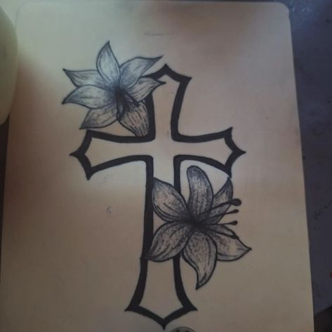 classic cross tat ive been doing 🌟 ☆ #crosstattoo #tattooink #tattooindy #flowertattoo Cross And Lotus Flower Tattoo, Cross Leg Tattoo For Women, Cross Side Tattoo, Cross On Shoulder Tattoo, Back Cross Tattoo Women, Cross Back Tattoo Women, Thigh Cross Tattoo, Cross With Butterfly Tattoo, Matching Cross Tattoos