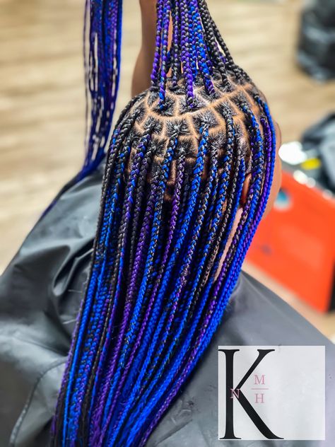 Blue And Purple Braids For Black Women, Blue And Purple Box Braids, Blue And Purple Knotless Braids, Knotless Braids With Blue, Purple And Blue Braids, Black And Blue Knotless Braids, Blue And Purple Braids, Black And Purple Knotless Braids, Blue And Black Box Braids