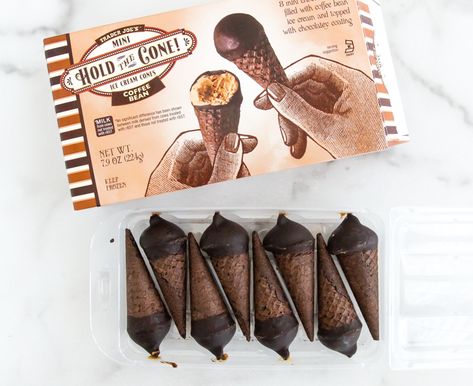 Sweet on Trader Joe's: Coffee Bean Mini Hold the Cone Ice Cream Cones | Bake at 350° Hazelnut Cappuccino, Turtle Ice Cream, Cone Ice Cream, Chocolate Cone, Mini Ice Cream Cones, Coffee Cheesecake, Trader Joes Recipes, He Said She Said, Ice Cream Pies