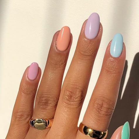 Pastel Colourful Nails, Different Colour On Each Nail, Multicoloured Pastel Nails, Multi Colour Pastel Nails, Multi Colour Acrylic Nails, Multi Coloured Nails Summer, Multi Pastel Nails, Basic Pastel Nails, Pastel Skittle Nails