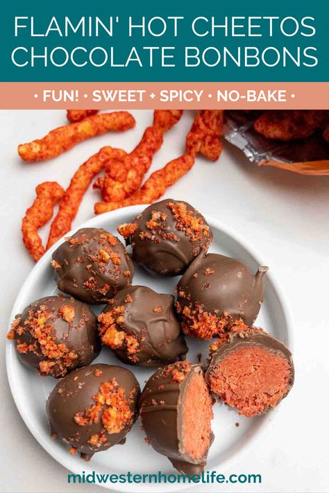 Flamin’ Hot Cheetos Balls are a deliciously bizarre combination of crushed Flamin Hot Cheetos and peanut butter chips dipped in milk chocolate that somehow works. Perfect for sweet and spicy lovers — or anyone who isn’t big into sweets. This Hot Cheeto dessert will be the talk of the party, so bring the recipe. #nobakedesserts #easydesserts #hotcheeetosrecipe #snacks #junkfood #spicyfood #sweetandspicy #flaminhotcheetos #hotcheetos Hot Cheetos Balls, Recipes With Flaming Hot Cheetos, Homemade Flaming Hot Cheetos, Flamin Hot Cheetos Recipe, Chetos Flaming Hot, Flaming Hot Cheetos, Cheetos Recipe, Extra Hot Cheetos, Greek Yogurt Brownies