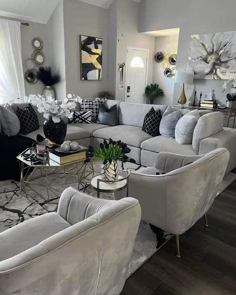 Modern Living Room Ideas Luxury Grey, Grey And Bronze Living Room, Gray Black Silver Gold Living Room, 2 Tone Gray Walls Living Room, Black Cream And Silver Living Room, Gray Home Decor Living Room, Gray Gold And Black Living Room Ideas, Silver Gold And White Living Room, Black Gray Living Room Ideas