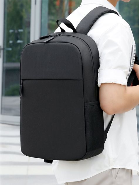 Black  Collar  Oxford Plain Laptop Backpack Embellished   Men Bags Stylish Backpacks For Men, Laptop Backpack Mens, Stylish School Bags, Minimalist Backpack, Mens Bedroom, All Nike Shoes, Computer Backpack, Stylish Backpacks, Black Accessories