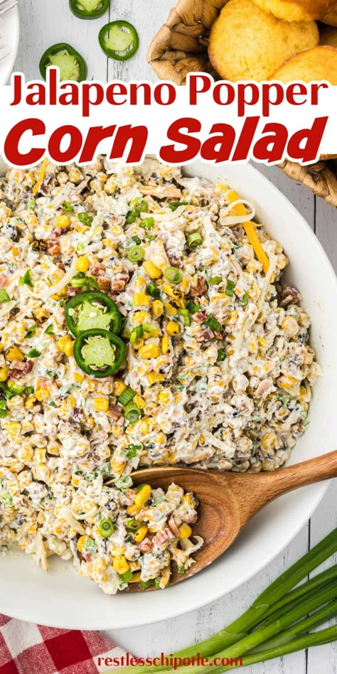 Jalapeno Popper Corn Salad, Jalapeño Corn Salad, Jalapeño Popper Corn Salad, Jalapeño Popper Cucumber Salad, Jalapeno Salad, Cold Corn Salad, Homemade Sides, Meal Prep Salads, Side Dish Easy