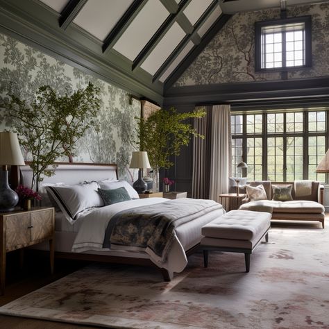 Tudor Master Bed, British Bedroom Design, Modern Manor Bedroom, Tudor Bedroom Ideas, Romantic Primary Bedroom, Modern Tudor Bedroom, Primary Bedroom Addition, Country French Bedroom Master Suite, Tudor Style Bedroom