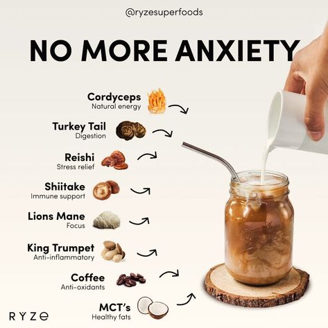 RYZE is powered by functional mushrooms and adaptogens. Our creamy and delicious blend features six functional mushrooms, healthy fat from MCT oil, zero added sugar and 100% organic or non-GMO ingredients. These clean, no BS ingredients come to you sustainably from right here in the USA to provide game-changing daily immune support and long-lasting energy in every cup. Just add water for easy prep and on-the-go wellness. Try now at the link in our bio! code: RYZE15 for 15% off your order 🤩 Mushroom Coffee Recipe, Adaptogenic Mushrooms, Herbs For Energy, Functional Mushrooms, Coffee Infographic, Mushroom Tea, Food Medicine, Diet Meals, Mushroom Coffee