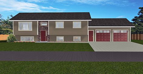 HOUSE PLAN 2002108 - BI-LEVEL WITH 2-CAR GARAGE by Edesignsplans.ca.  1386 Sq. Ft. 2-Bedroom Bi-Level with 2-car garage, office, and full undeveloped basement.  Wood stove in living room.  Rear deck off dinette. Split Level Garage Addition, Split Level With Garage Addition, Exterior Vinyl Siding Colors, Split Foyer Entry, Exterior Ranch Homes, Foyer Remodel, Split Foyer Remodel, Split Level Home Designs, Vinyl Exterior Siding