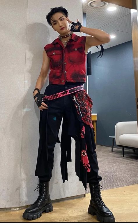 K Pop Style Outfits Men, Red And Black Kpop Outfit Male, K Pop Stage Outfits Men, Kpop Concert Outfit Men, Red Punk Outfits Men, Guitarist Outfit Men, K Pop Mens Fashion, Fire Outfits Aesthetic, Stage Outfits Men