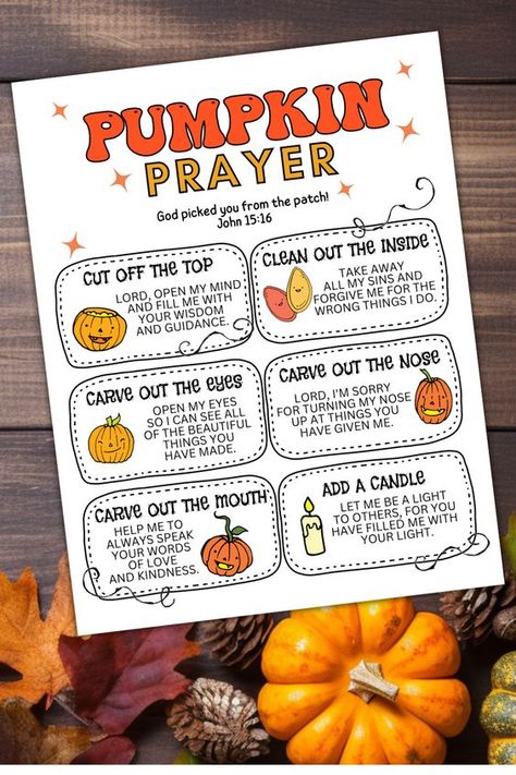 Christian Halloween Pumpkin Carving Activity - The pumpkin Prayer Christian Carved Pumpkins Ideas, Pumpkin Devotion For Kids, No Halloween Christian, October Bible Lessons For Kids, Being A Christian Is Like A Pumpkin, The Pumpkin Gospel, Pumpkin Prayer Craft, The Pumpkin Prayer, Catholic Halloween Activities